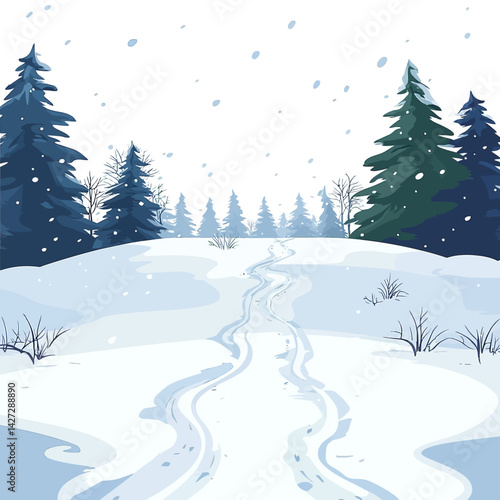 Snow Covered Winter Forest Scene Pixelated Path and Blue Green Trees