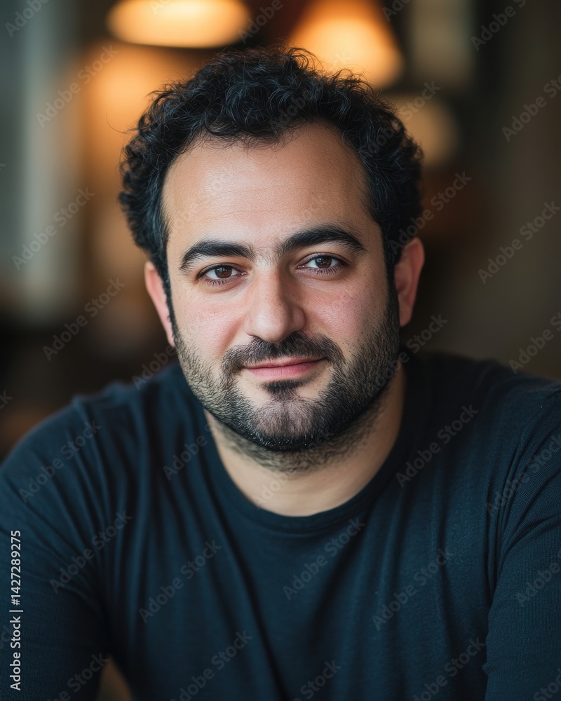 Smiling Middle-Eastern man with dark curly hair and a beard, wearing a black shirt in a cozy, softly lit caf�. Smiling Middle-Eastern man with dark curly hair and a beard, wearing a black shirt in a cozy, softly lit caf�.