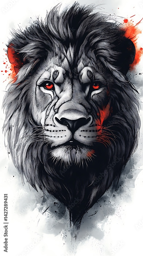 Fototapeta premium Majestic Lion Photo With Intense Red Eyes And Watercolor Accents Illustration Art