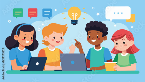 A group of kids each with their own unique cultural identity discussing their ideas for a new mobile app during a coding class.. Vector illustration