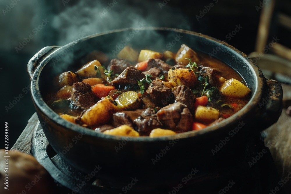 A hearty beef stew filled with tender meat, potatoes, and carrots, emitting a warm, inviting steam. A hearty beef stew filled with tender meat, potatoes, and carrots, emitting a warm, inviting steam.