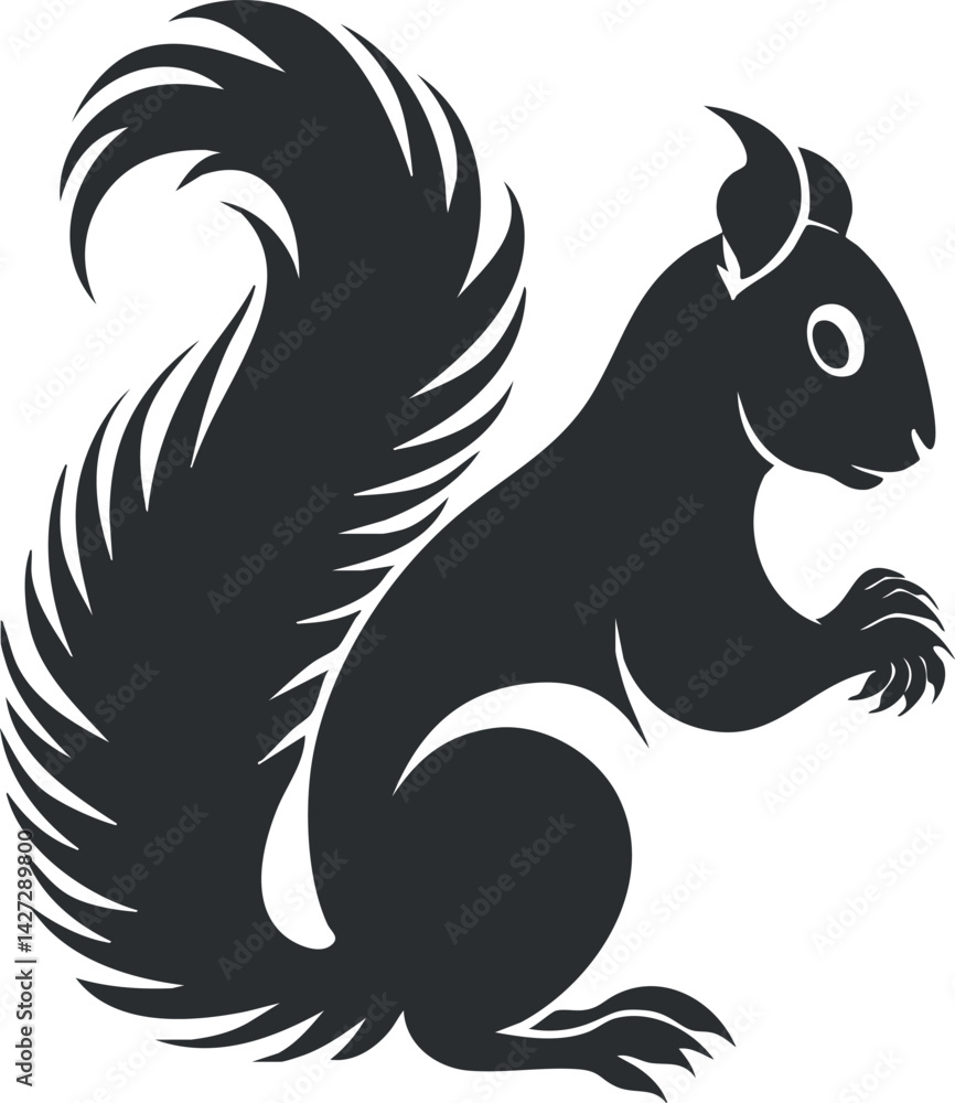 A playful black silhouette of a squirrel sitting with its bushy tail raised. A playful black silhouette of a squirrel sitting with its bushy tail raised.