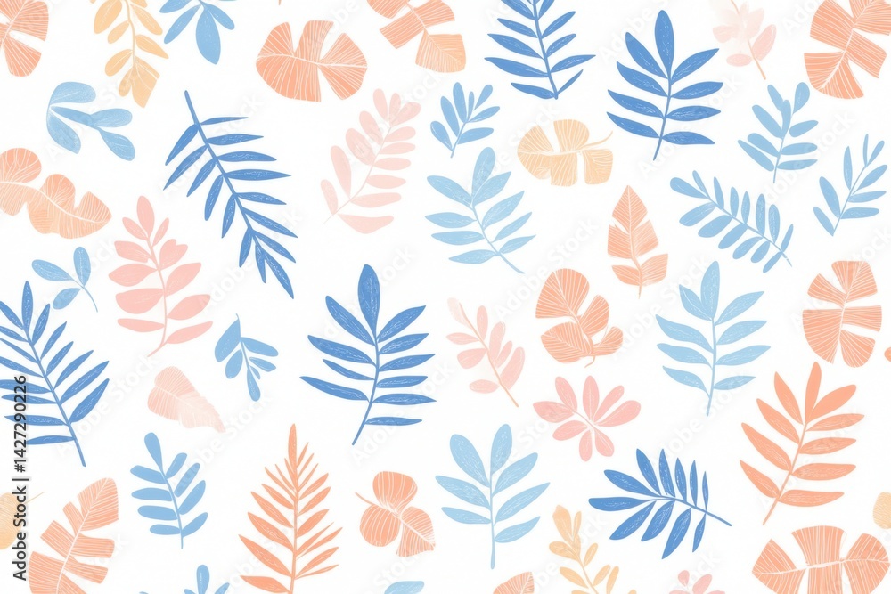 Fototapeta premium Abstract vector illustration of tropical leaves and palm fronds in pastel pink, blue, and orange tones on a light background Generative AI