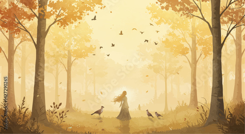 Girl in Autumn Dress Enjoying Nature in a Misty Forest - Vector Illustration  