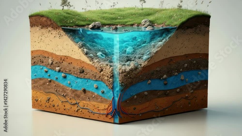 3D model of groundwater, soil layers, and cross-section aquifers showcasing water flow