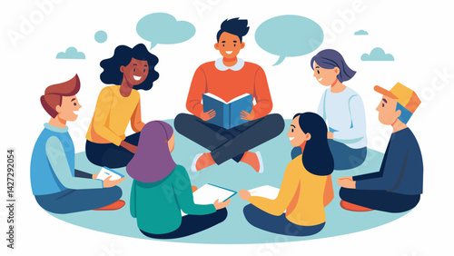 A group of students sit in a circle offering support and advice to one another as the counselor leads a discussion on the emotional toll of student. Vector illustration