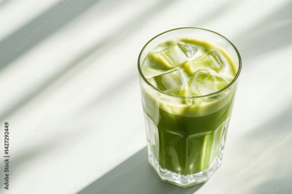 Refreshing iced matcha green tea in a tall glass with ice cubes, illuminated by soft natural light. Refreshing iced matcha green tea in a tall glass with ice cubes, illuminated by soft natural light.