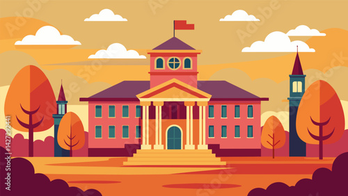 A picture of a college campus with a nostalgic filter highlighting the simplicity and affordability of education in the past.. Vector illustration