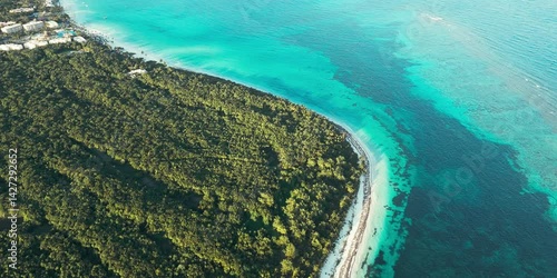 Vista aérea de una hermosa playa con agua azul turquesa en la Riviera Maya, toma aérea de drone volando sobre la costa de una playa paradisíaca en el Caribe