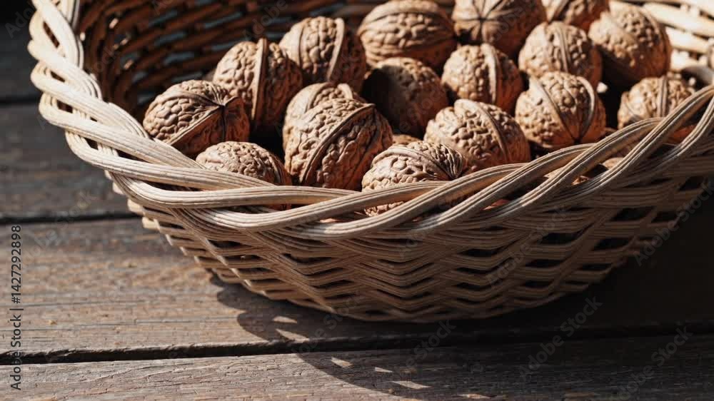 Freshly harvested walnuts in a woven basket
