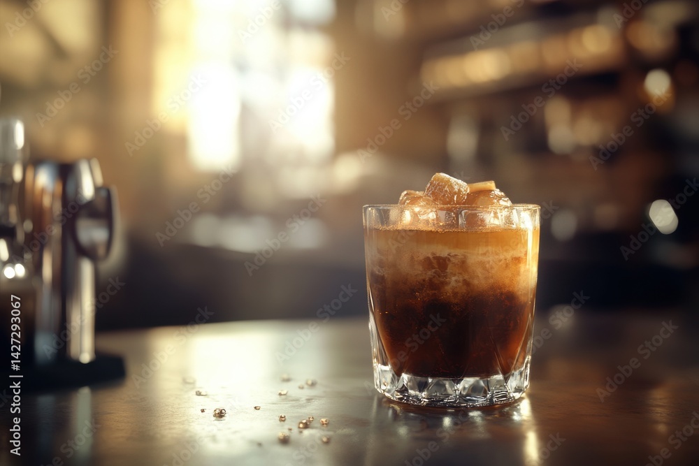 A refreshing iced coffee drink gleams in sunlight, featuring ice cubes and an inviting amber hue. A refreshing iced coffee drink gleams in sunlight, featuring ice cubes and an inviting amber hue.