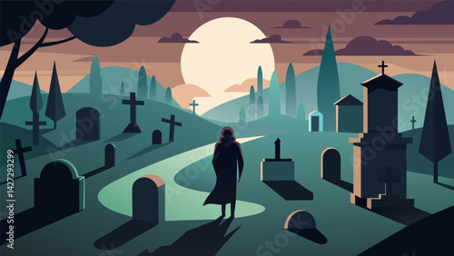 A lone figure wandering through a quiet cemetery finding solace in the stillness of the graves.. Vector illustration