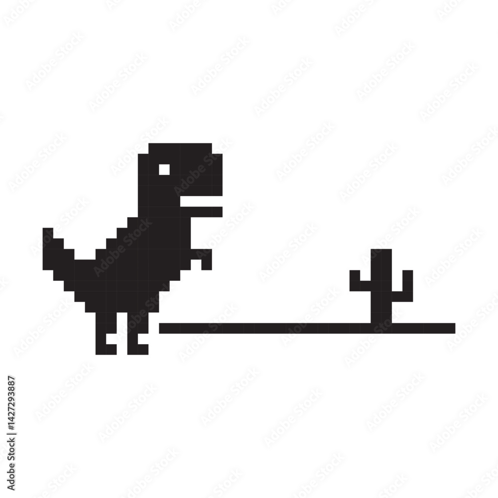 Pixel dinosaur icon. Retro dino symbol. Black vector graphic. Game pixel creature.