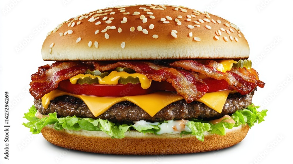 A delicious looking burger with bacon and sesame seed bun A delicious looking burger with bacon and sesame seed bun