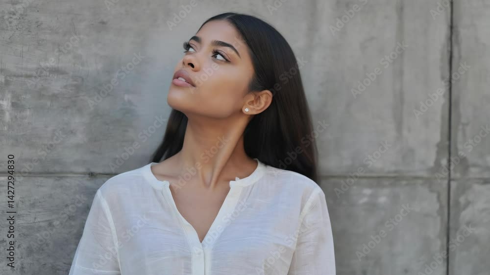 Portrait of a thoughtful woman in a white shirt against a concrete wall, looking up with serene expression and soft lighting Portrait of a thoughtful woman in a white shirt against a concrete wall, looking up with serene expression and soft lighting