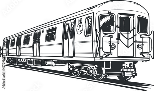 A detailed line art illustration of a subway train showcasing urban transportation and commuting.