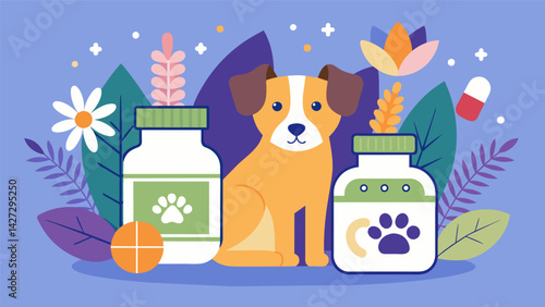 A calming supplements specifically formulated for pets containing natural ingredients such as chamomile and valerian root to promote relaxation.. Vector illustration