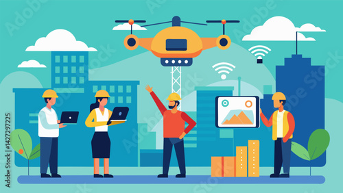 The drones live feed allows project managers and stakeholders to monitor progress and make informed decisions in realtime.. Vector illustration