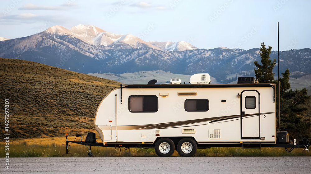 White Camper Trailer Next To Mountain Range