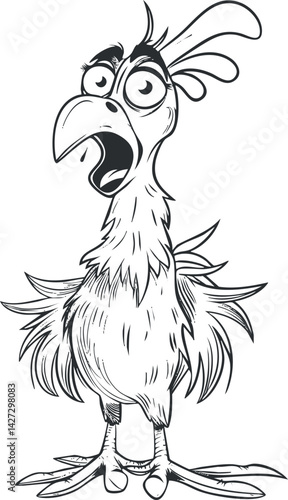 A comical cartoon bird with exaggerated features expressing surprise or excitement in black and white.
