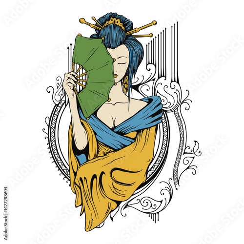 Geisha's Veil: A detailed illustration captures a serene Geisha, concealing her face behind a vibrant fan, framed by an ornate design.