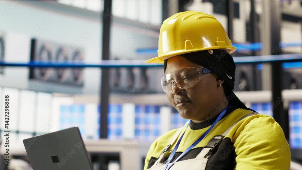 Smart factory specialist typing on laptop keyboard, testing automated systems to ensure reliability. Industry 4.0 plant technician using notebook to identify bottlenecks and optimize, camera B Smart factory specialist typing on laptop keyboard, testing automated systems to ensure reliability. Industry 4.0 plant technician using notebook to identify bottlenecks and optimize, camera B