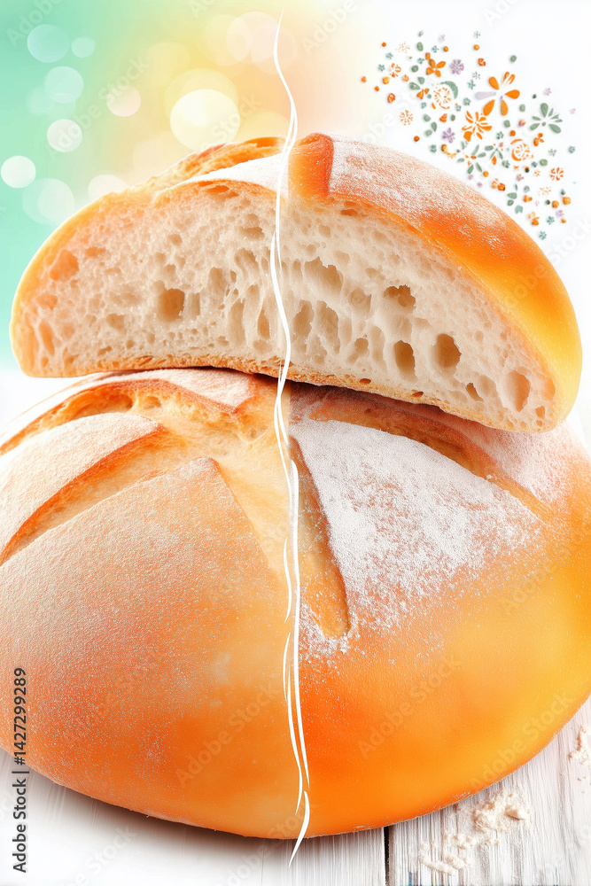 Sourdough round cut in half showcases airy crumb. Bright studio setting enhances texture of bread. Concept of baking, culinary art, food styling