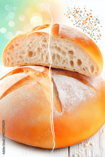 Obraz na płótnie Sourdough round cut in half showcases airy crumb. Bright studio setting enhances texture of bread. Concept of baking, culinary art, food styling w salonie