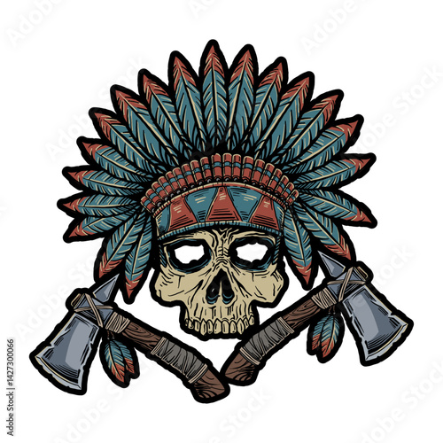 Mystical Skull: The image features a detailed illustration of a skull adorned with a native american headdress and crossed tomahawks, evoking a sense of cultural symbolism and mystique.