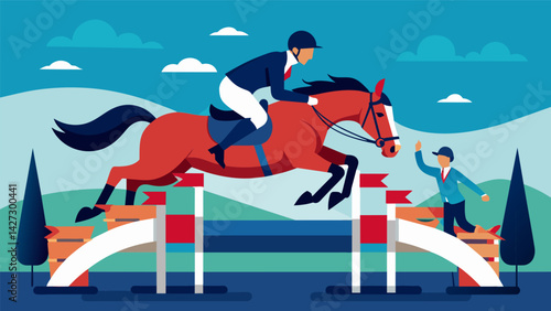 In a large and prestigious outdoor stadium a horse and rider duo compete in a nailbiting jumpoff their determination and focus evident as they aim for. Vector illustration
