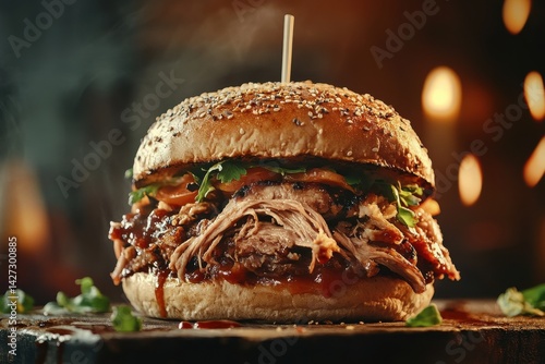 A delicious, smoky pulled pork burger with fresh toppings, perfect for food lovers.