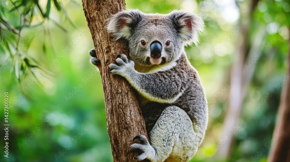 Fototapeta premium A koala bear is clinging to a tree in the forest