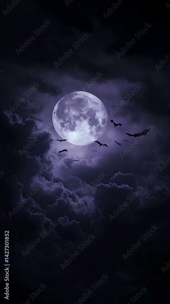 Spooky full moon with bats flying in a dark, cloudy night sky. Perfect for Halloween, gothic, or fantasy themes. Spooky full moon with bats flying in a dark, cloudy night sky. Perfect for Halloween, gothic, or fantasy themes.