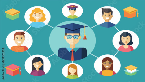 A network of alumni mentoring and providing financial support to students pursuing higher education in their field.. Vector illustration
