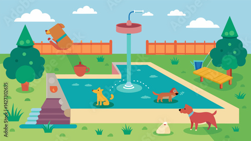 A designated play area for dogs with an automatic sprinkler that cleans the space after each use.. Vector illustration