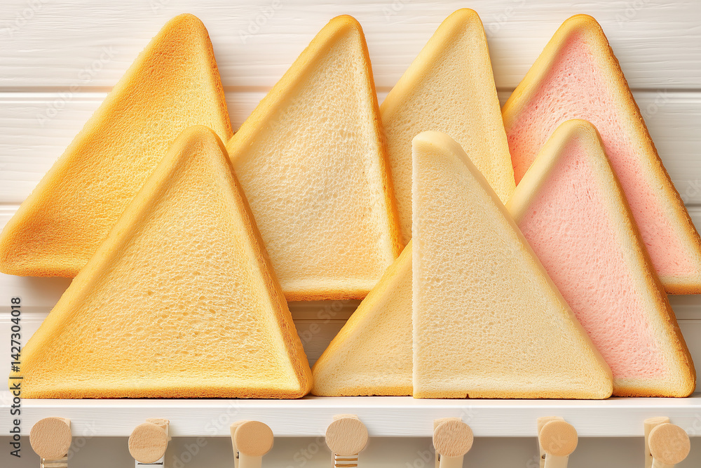 Triangle-cut sandwich breads are layered neatly on a bright surface, showcasing a clean and minimalist style. Concept of culinary artistry, food presentation, bakery