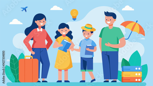A family on vacation making smart spending decisions based on their budgeting lessons from a family financial education workshop.. Vector illustration