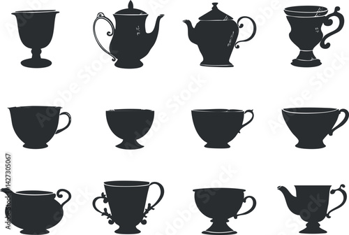 A collection of elegant silhouette designs of various teapots and cups for decoration.