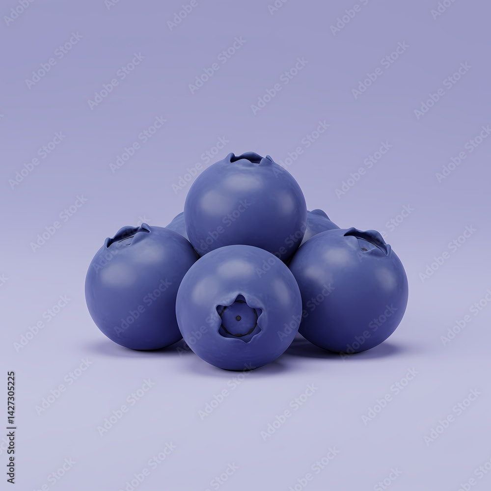 3D Group of five Blueberries placed on a solid purple background.