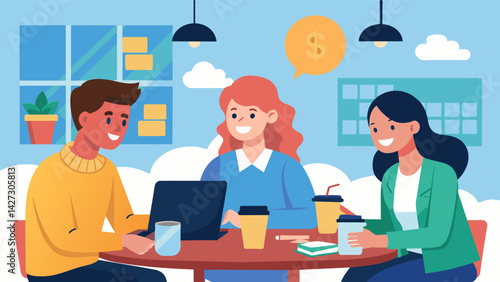 A group of friends sit together in a coffee shop discussing how they need to budget for their upcoming student loan bills.. Vector illustration