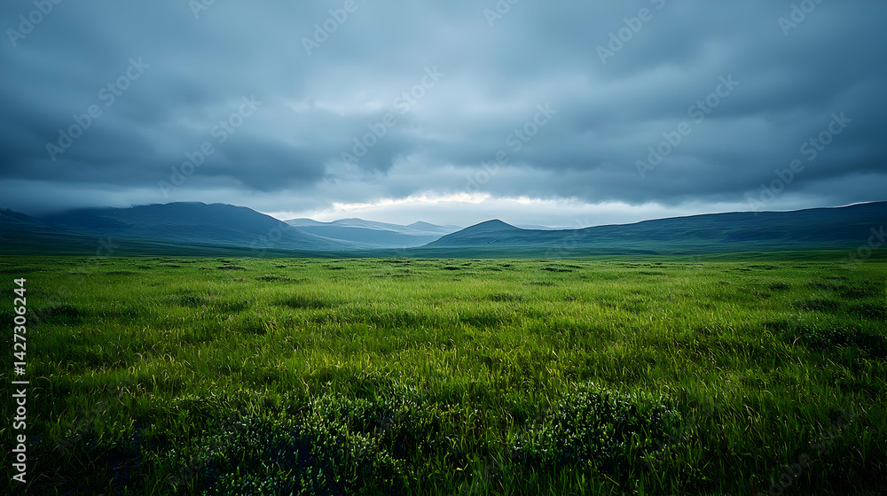 Fototapeta premium Vast Green Field Under Cloudy Sky With Distant Mountains