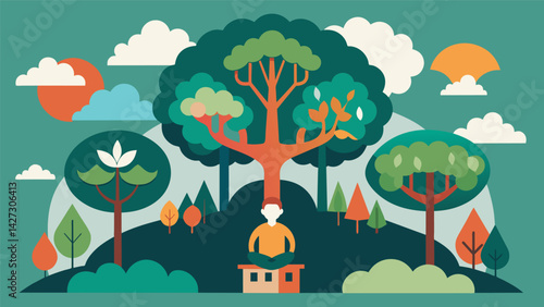 A peaceful haven of trees each signifying a different aspect of Stoic philosophy such as resilience selfcontrol and rationality.. Vector illustration