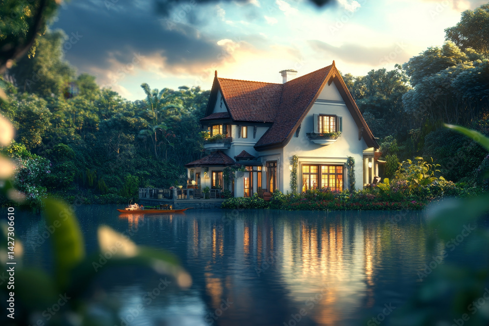 A dream house in a lakeside setting, surrounded by lush natural scenery. A dream house in a lakeside setting, surrounded by lush natural scenery.