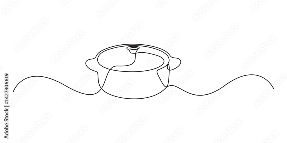 Fototapeta premium Continuous one line drawing of big pan isolated on white background. Cooking and kitchen concept, Continuous single line drawing of big pan isolated on white background vector illustration