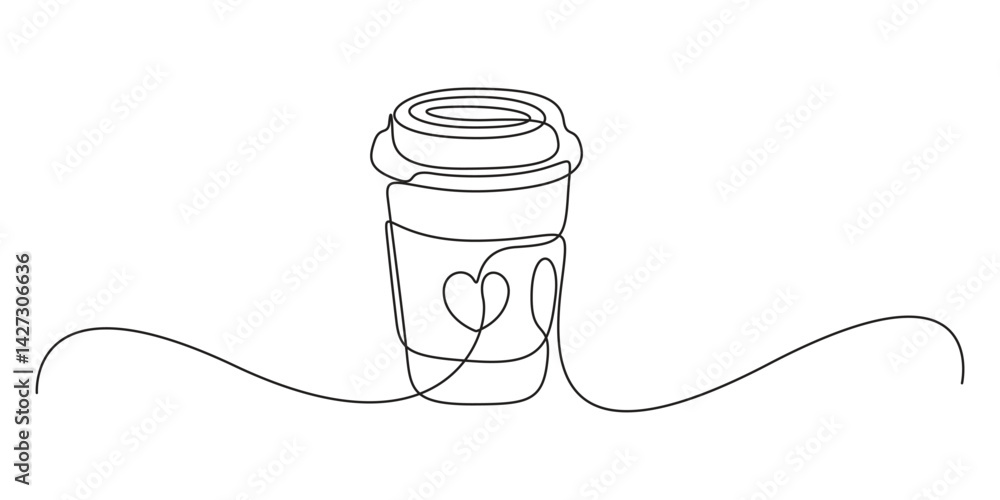Obraz premium Continuous single line drawing of paper cup of coffee. One line drawing illustration of coffee takeaway, Paper cup of hot coffee in one continuous line drawing. Concept of drink to go in line art styl