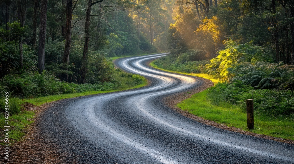 Fototapeta premium Winding forest road sunrise, travel brochure