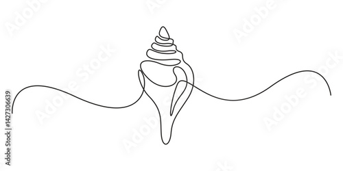 Continuous one line drawing of conch snail shell symbol. Single line art sea shell. Doodle vector illustration