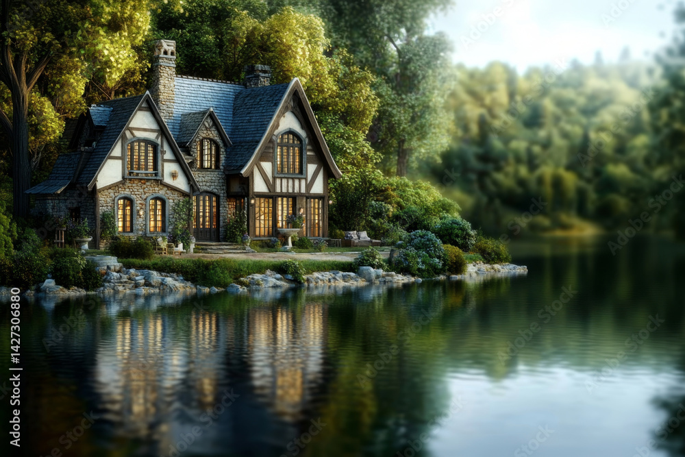 A dream house in a lakeside setting, surrounded by lush natural scenery. A dream house in a lakeside setting, surrounded by lush natural scenery.