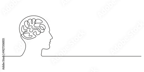 One continuous line drawing of mind. Human brain single line art. Doodle vector illustration