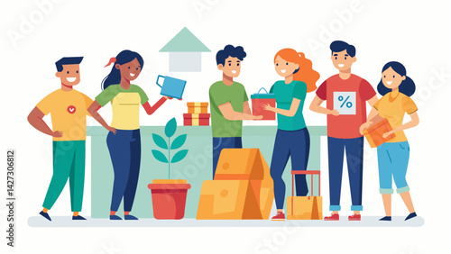 A group of students organizing a community garage sale donating a percentage of the profits towards their university tuition.. Vector illustration